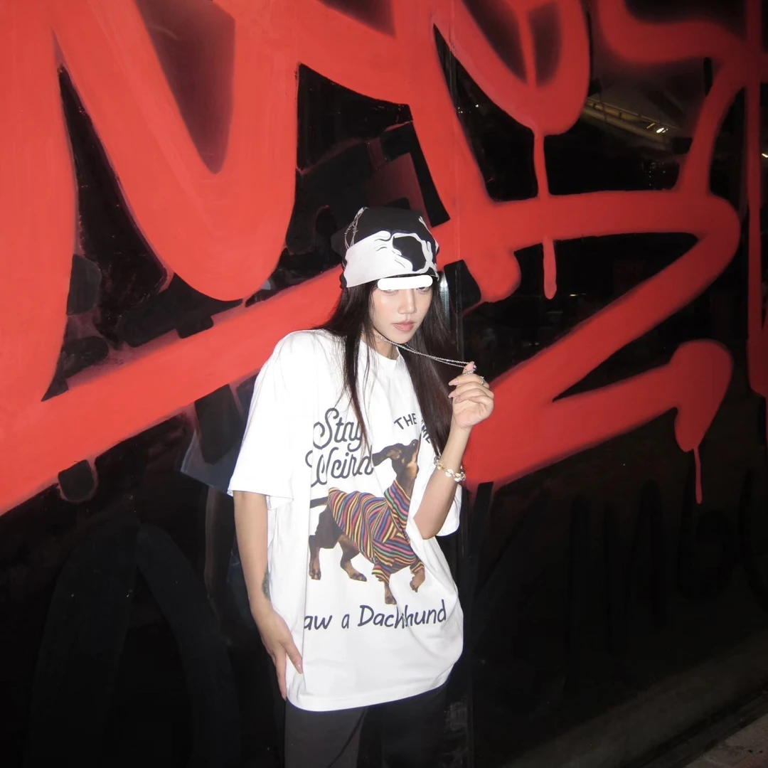 【腊肠狗】美式洗水做旧狗狗印花短袖T恤男女宽松休闲情侣上衣