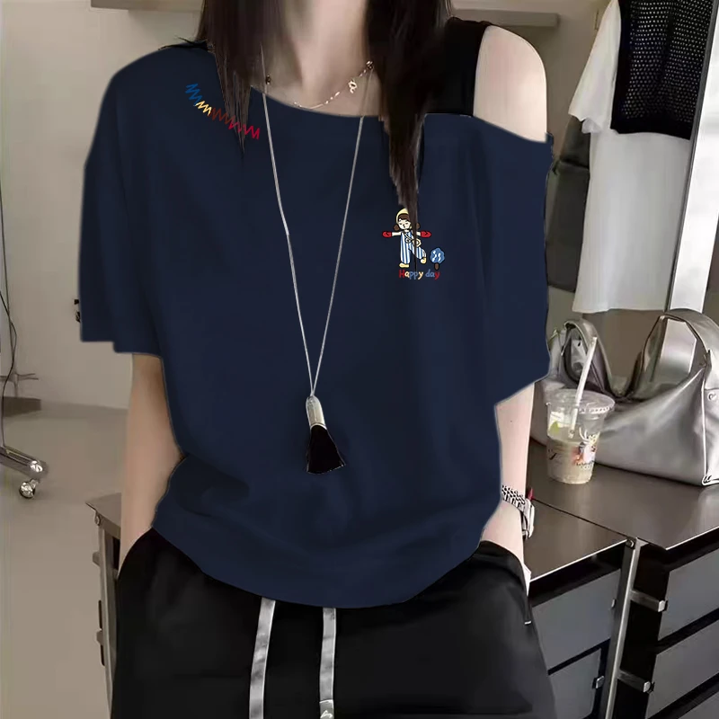 斜肩韩版大码胖妹妹吊带撞色字母印花短袖t恤女夏季宽松显瘦上衣