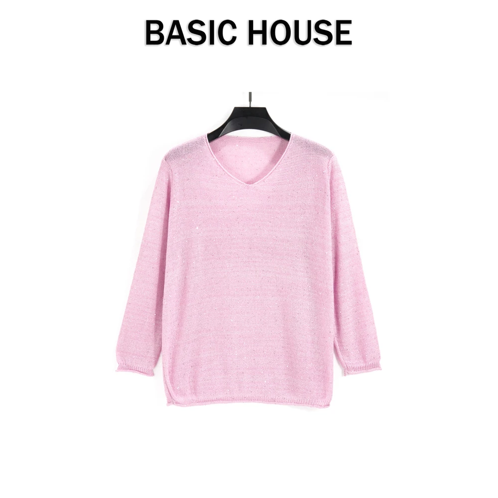 Basic House/百家好长袖女亮片针织衫星空亮片黑色百搭时尚圆领