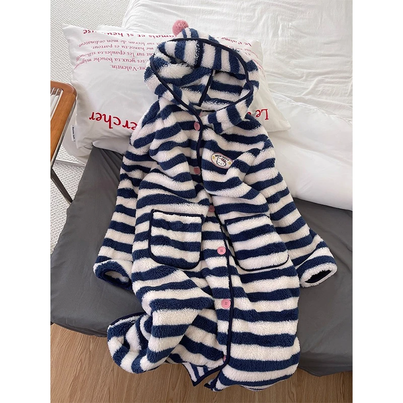 条纹珊瑚绒连帽睡衣睡袍女秋冬款保暖加厚法兰绒HelloKitty家居服