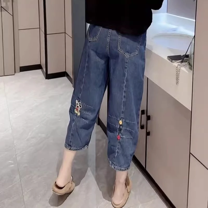 牛仔八分裤女2025夏季薄款大码宽松梨型身材显瘦卡通图案哈伦裤子