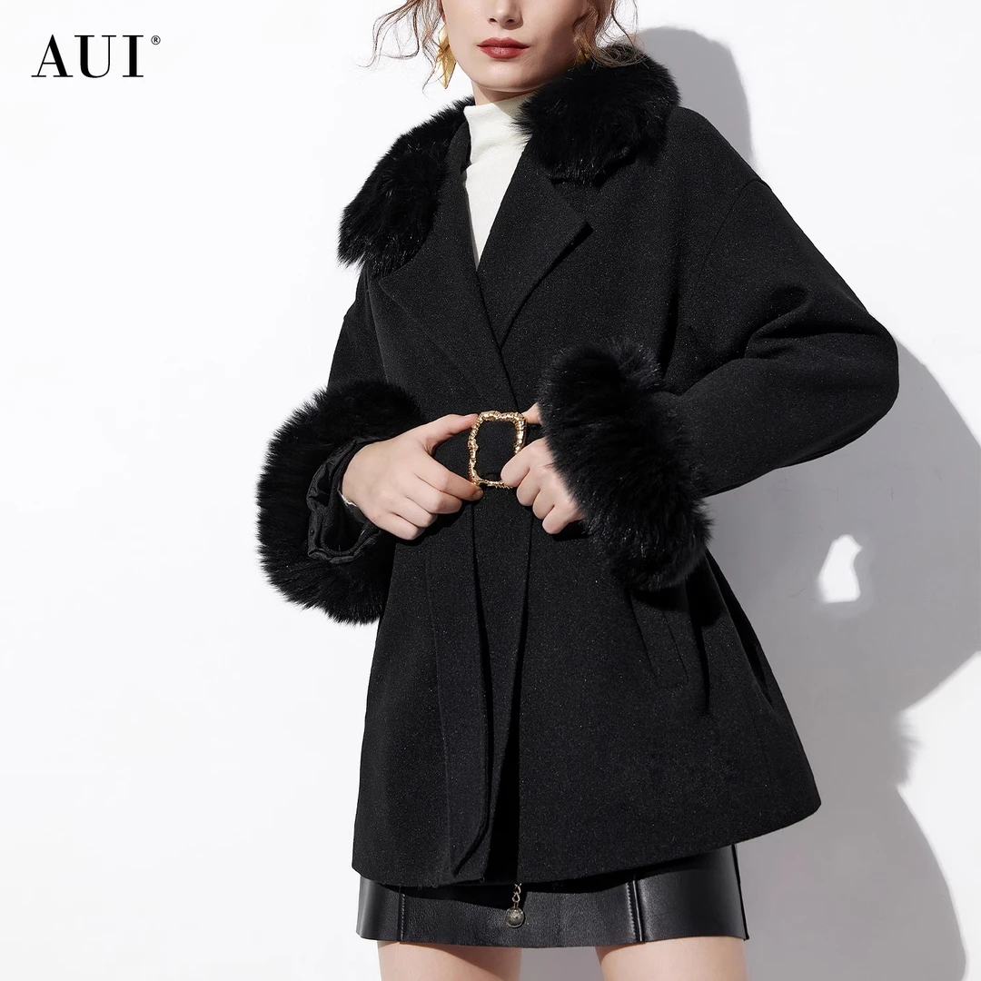 【粉丝专享】AUI黑色高端狐狸毛领毛呢外套呢子大衣MY-23D093212
