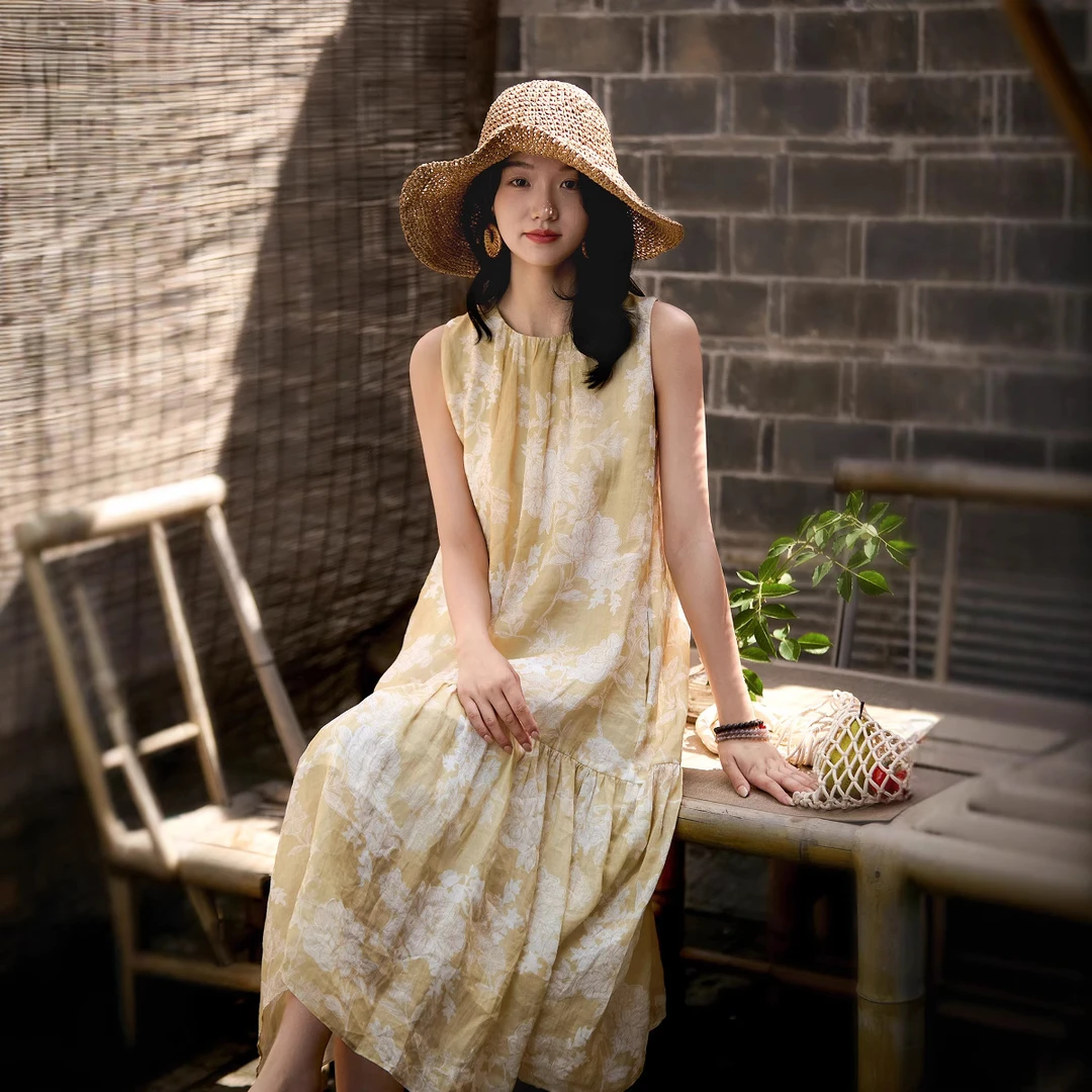 tywf8505海边度假风印花无袖连衣裙女2025夏季新款气质优雅背心裙