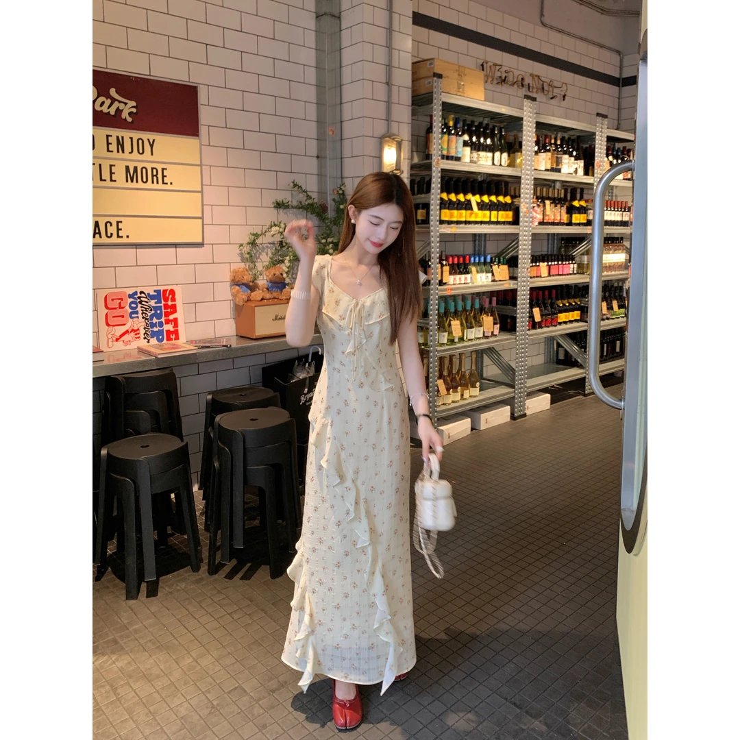 切糕【洋房花卉】小个子春季气质显瘦碎花吊带长款小众白色连衣裙