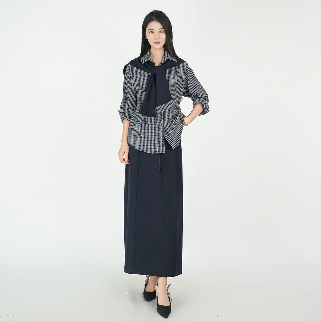 秋季棉质格子国风舒适纯色显瘦时尚女套装WH05006906+WK05006906
