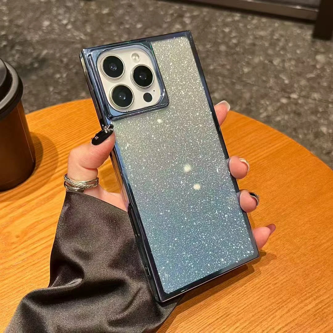 适用渐变闪粉17苹果16promax手机壳方形直角14/15pro电镀13/12软