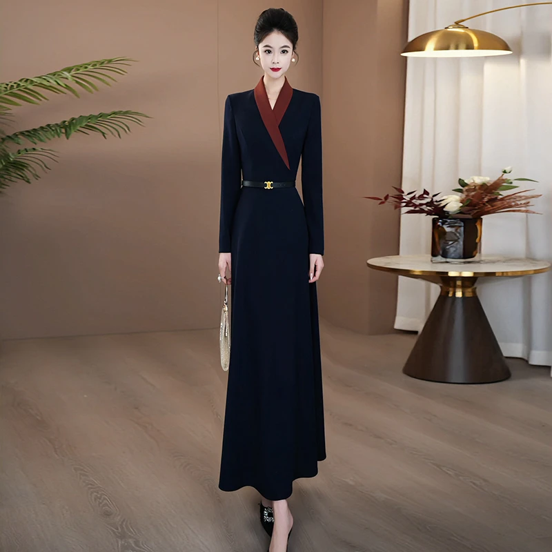 藏蓝色连衣裙2025新款今年流行爆款秋季高级感气质超长裙859165