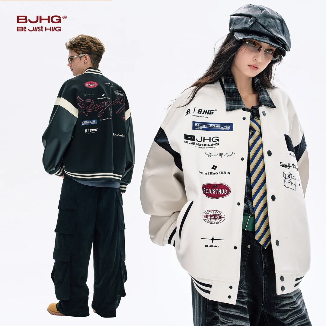 BJHG不计后果夹克外套男款秋季美式复古运动棒球服贴贴撞色皮衣女