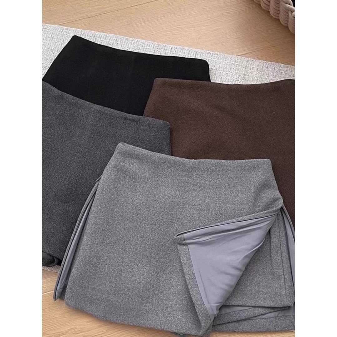 毛呢半身裙秋冬新款辣妹高腰侧开叉包臀裙裤小个子显瘦短裙