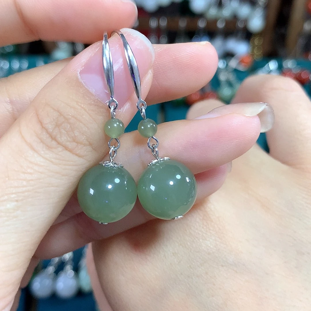 和田玉银S925镶嵌耳饰卡12mm左右晴水绿