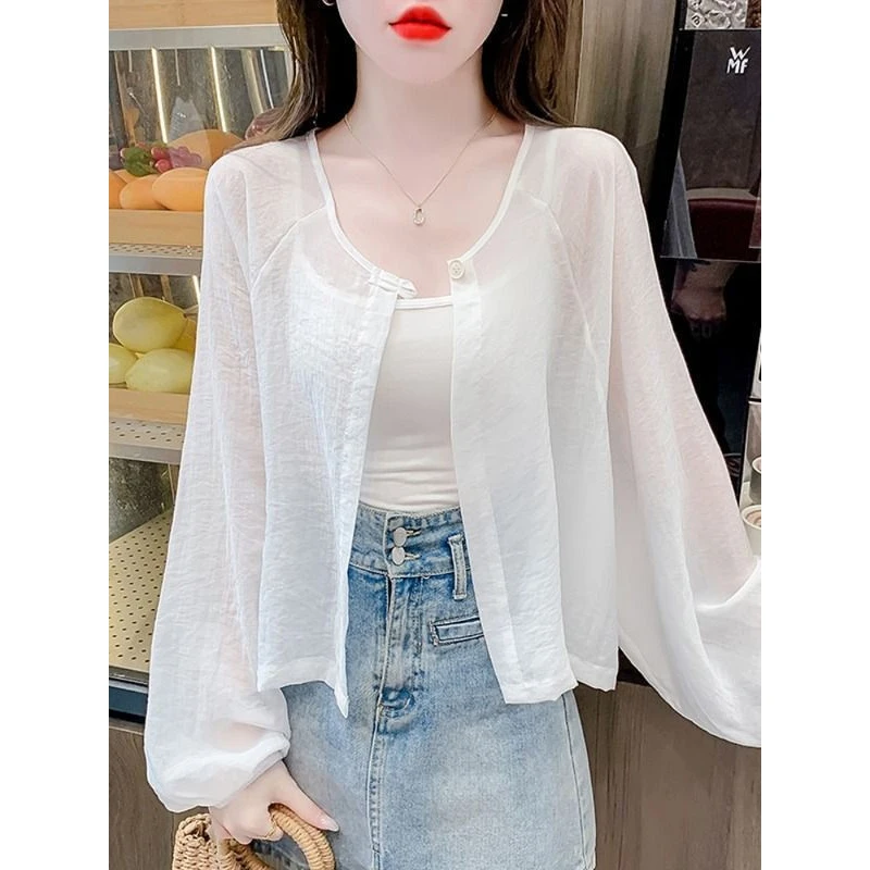 纯色薄款防晒外套女夏季2025年新款宽松显瘦微透开衫