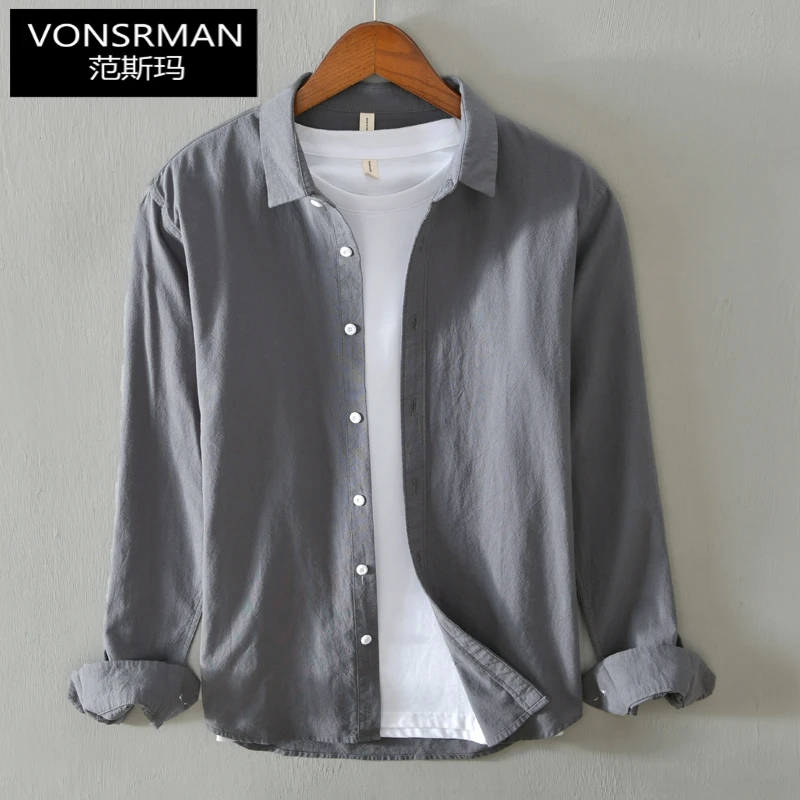 日系简约纯色长袖衬衫男春秋季文艺青年休闲百搭复古磨毛衬衣外套