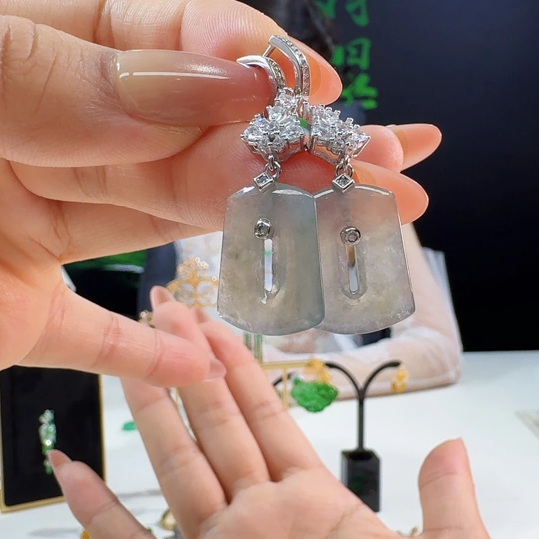 翡翠银S925镶嵌耳饰925镶嵌