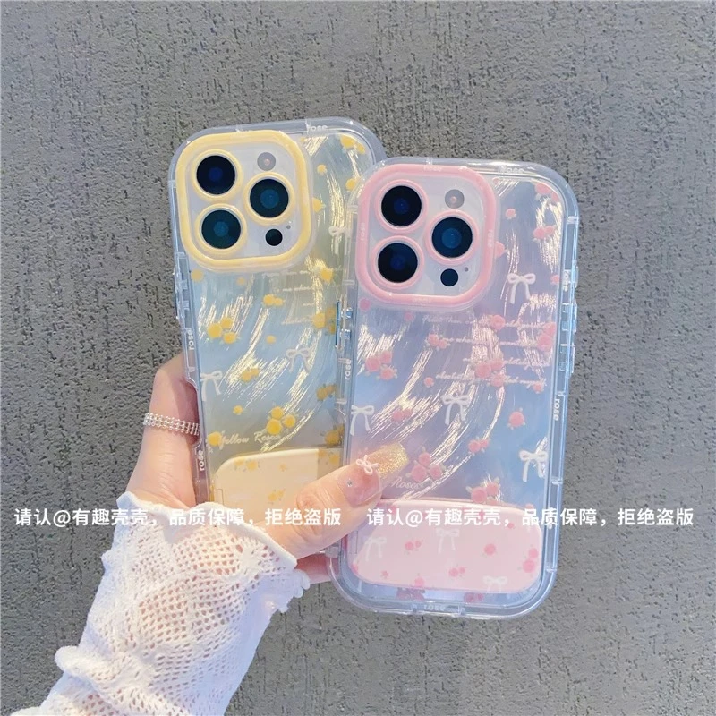 鲜花英文镜面支架适用苹果16羽纱手机壳华为oppo小米15vivo女新款