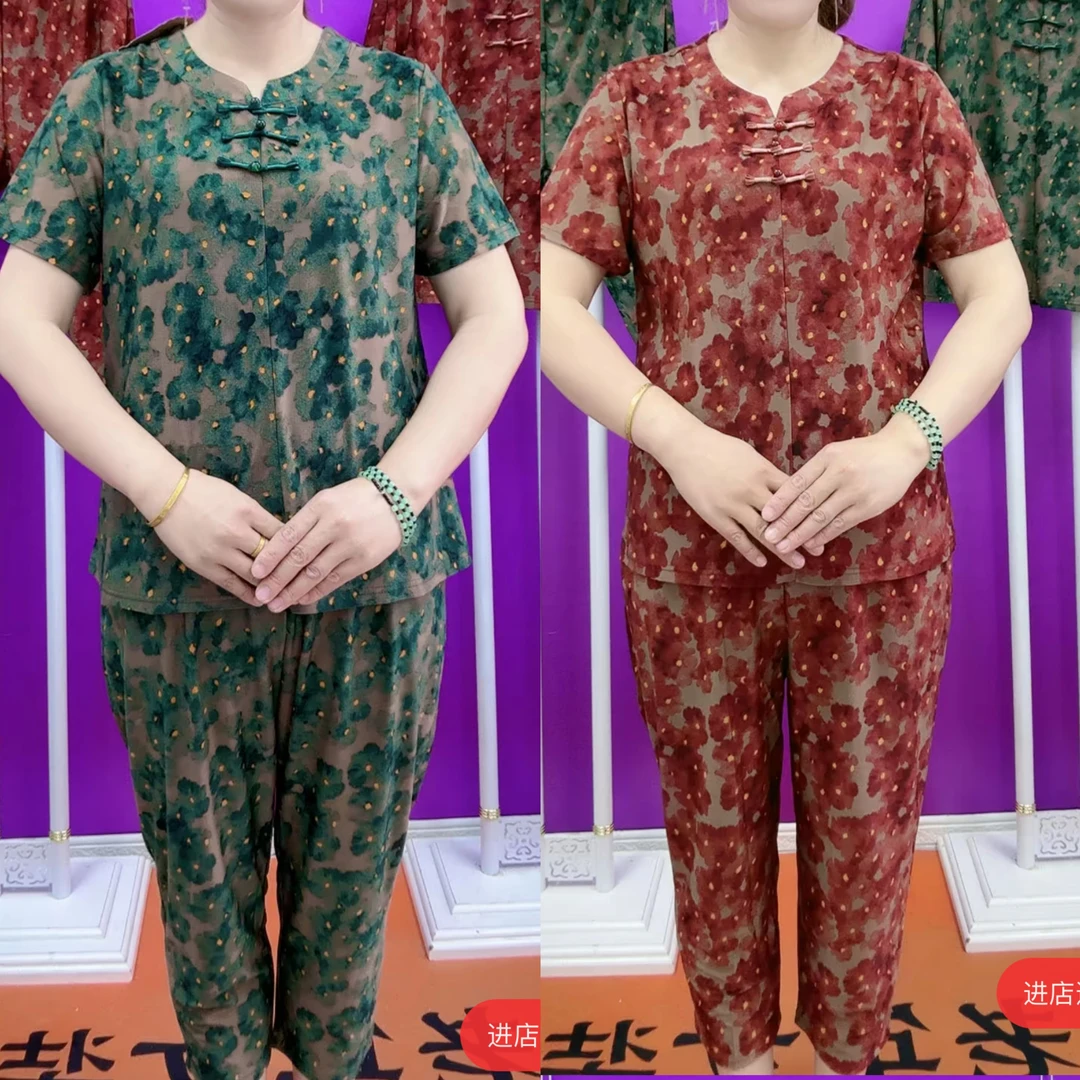 中老年夏季冰丝印花盘扣短袖宽松舒适套装
