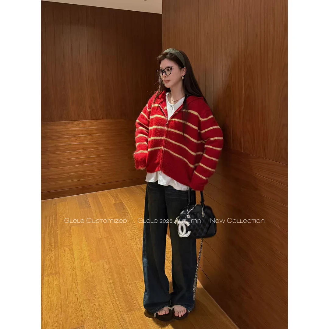 Glele私服「慵懒宅妹」条纹连帽毛衣女秋季百搭针织上衣
