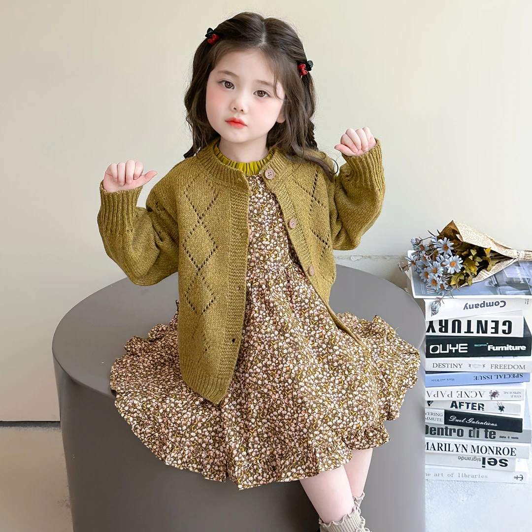 女小童森系碎花连衣裙套装2025春秋新款女宝针织毛衣外套洋气秋装