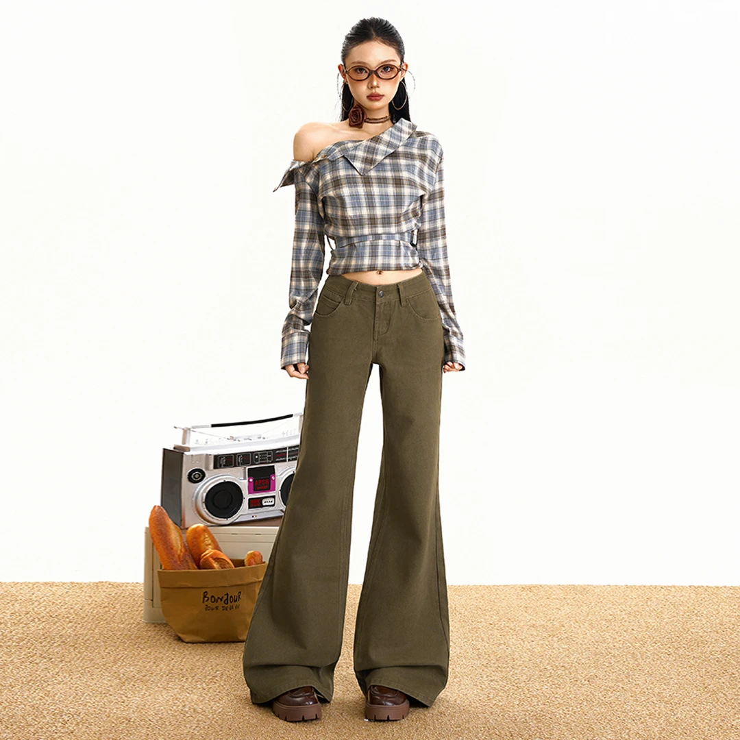 KRO新款秋冬美式复古喇叭牛仔长裤女生拖地长裤百搭舒适修身慵懒
