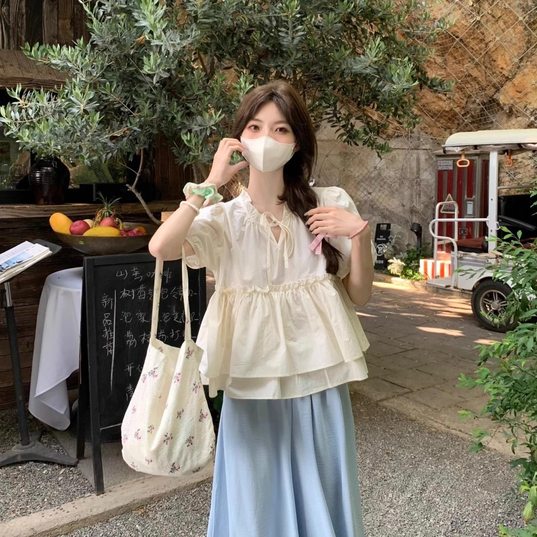 木耳边宽松减龄娃娃衫上衣夏季新款女装韩系甜美系带泡泡袖衬衫潮