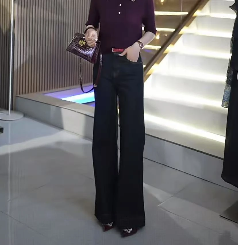 高端时尚百搭显瘦牛仔水洗款脚口女士微喇直筒裤长裤HBW*987746