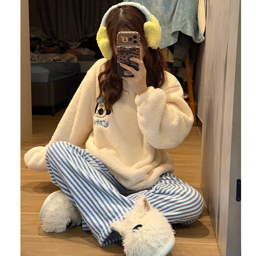 珊瑚绒睡衣女秋冬季大码加厚米粒绒小狗套装可外穿冬天保暖家居服