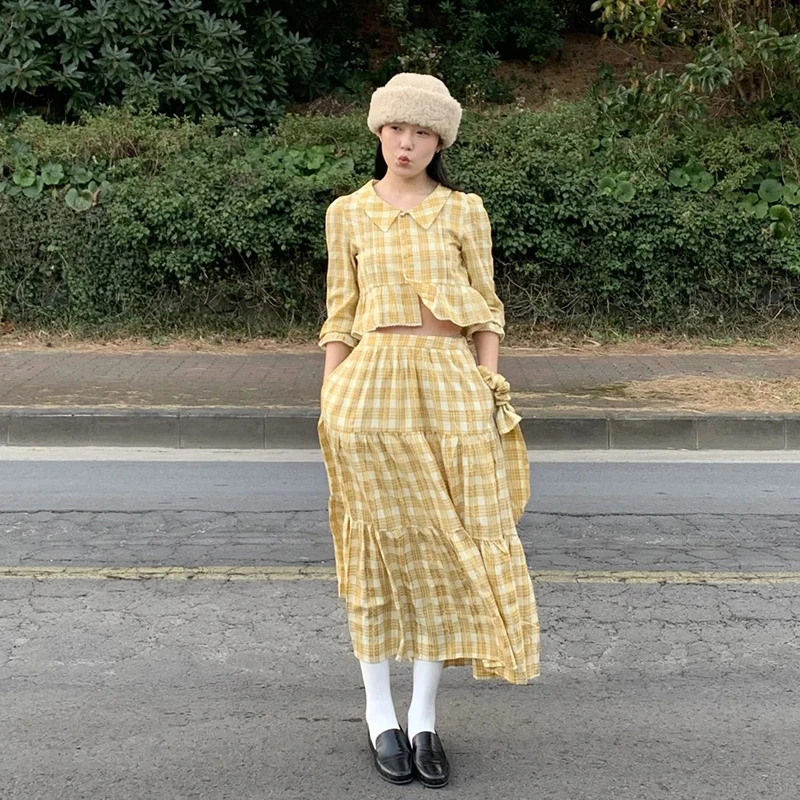 【新款首发】韩国东大门温柔甜美森系少女风格纹衬衫半身裙3202套装