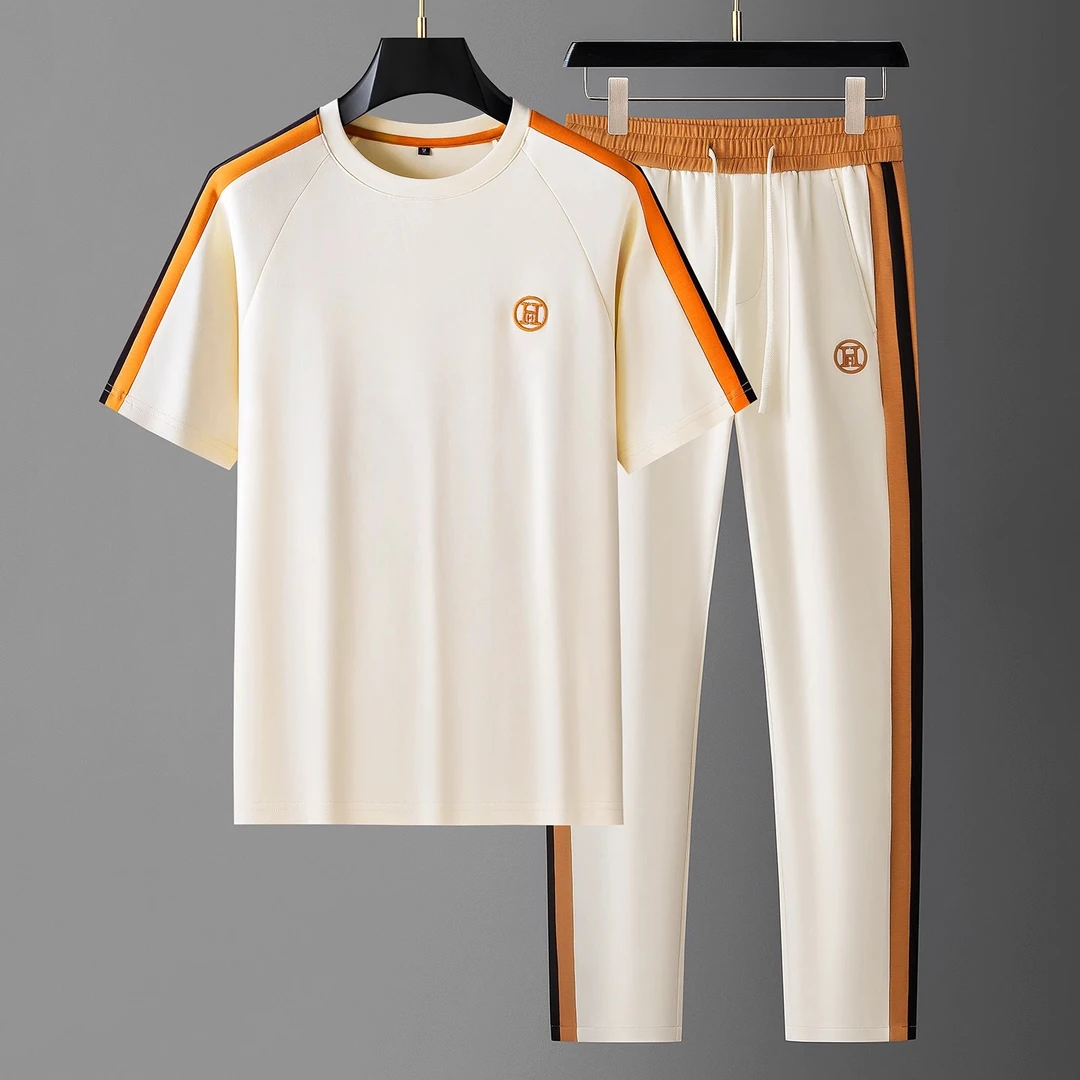 夏季高端时尚撞色拼接织带冰丝面膜空气层男士短袖休闲运动套装男