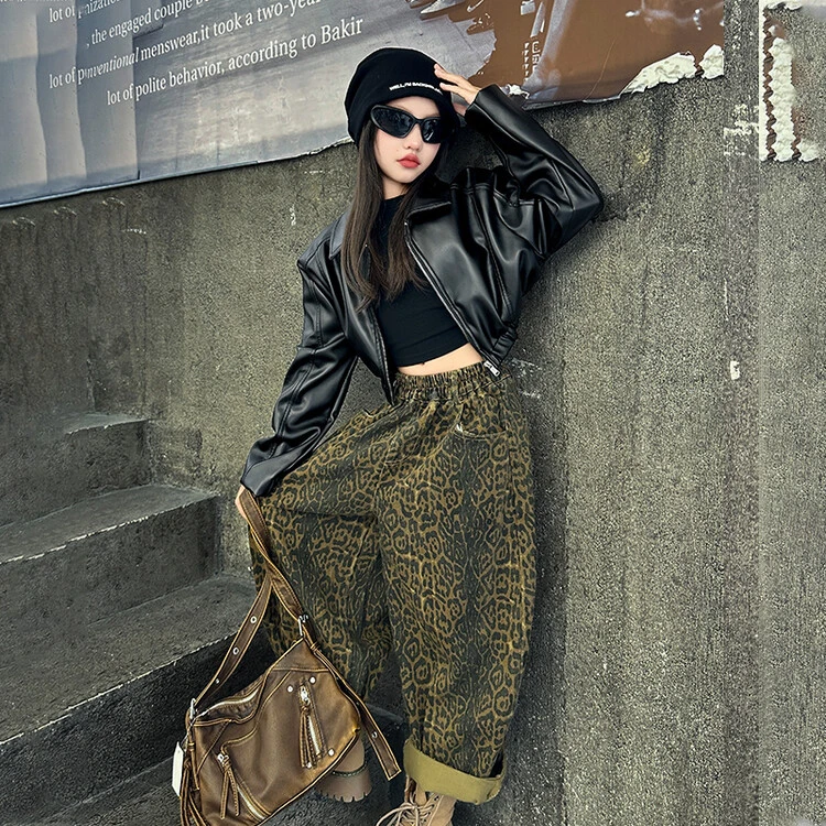 女童秋装上衣秋冬皮衣外套ol韩版时髦休闲豹纹裤潮酷穿搭春秋秋季