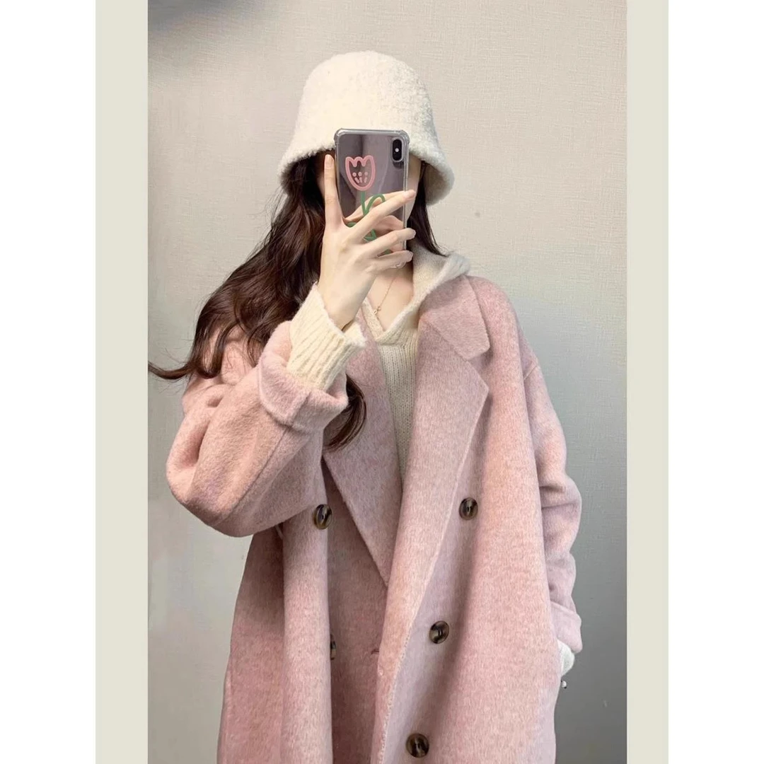 粉色双面羊绒大衣女秋冬高级感2025新款韩系中长款呢子羊毛呢外套