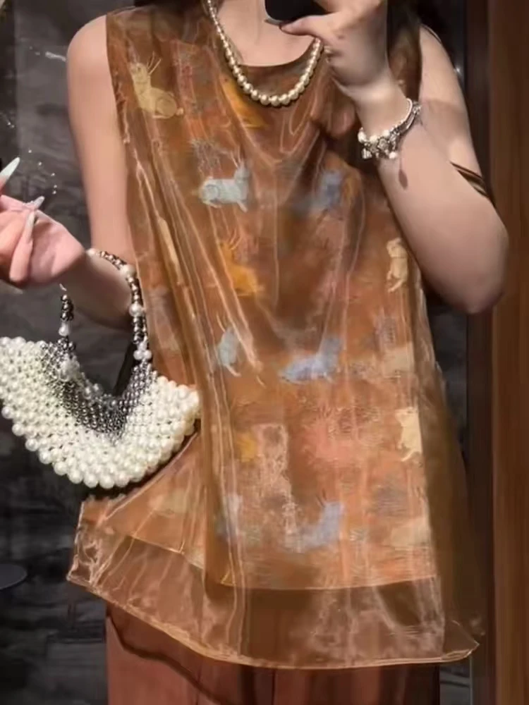 新款25858-5天丝亚麻新中式兔子无袖背心设计感显瘦假两件背心