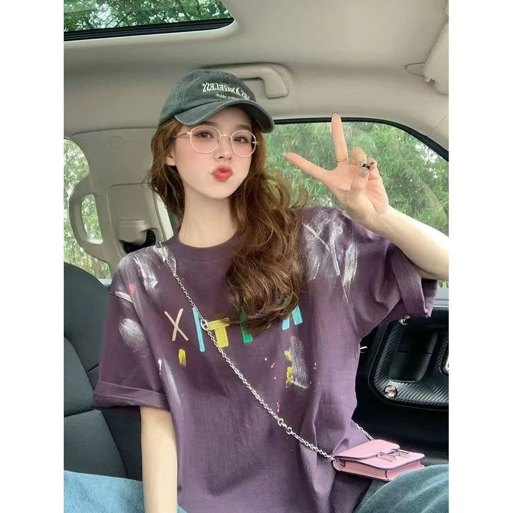 美式涂鸦短袖t恤女夏季宽松休闲小众复古oversize高级感欧货上衣