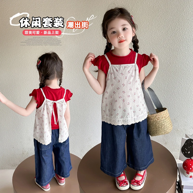 女童套装2025新款儿童洋气时髦牛仔裤三件套中小童小女孩夏季衣服