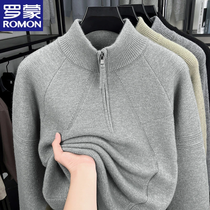 罗蒙冬季潮流爆款半高拉链领毛衣男加厚打底衫2025新款保暖针织衫
