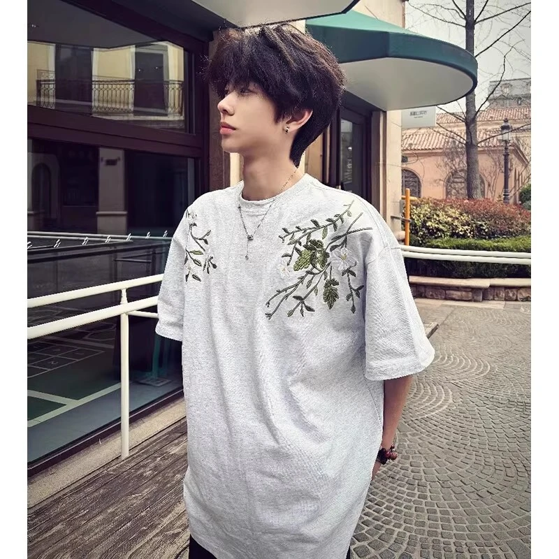 花灰色花卉刺绣短袖t恤男款夏季cleanfit美式圆领少年感重磅半袖