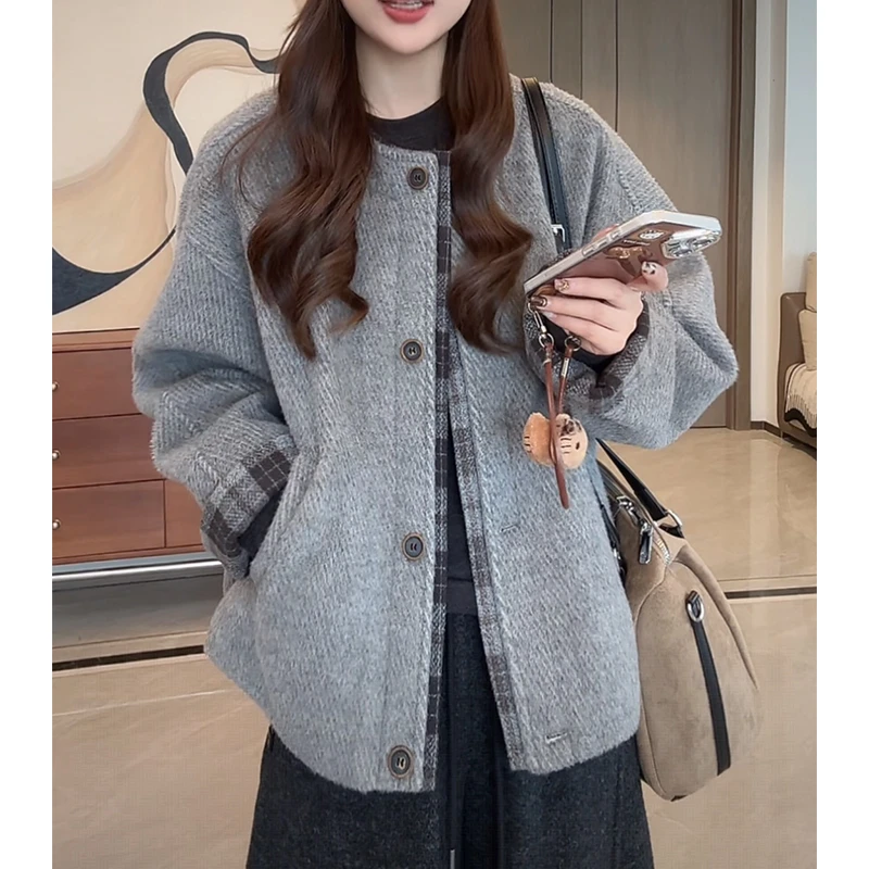 慵懒风夹棉拼接格子外套女冬新款宽松单排扣加厚保暖棉服棉衣外套