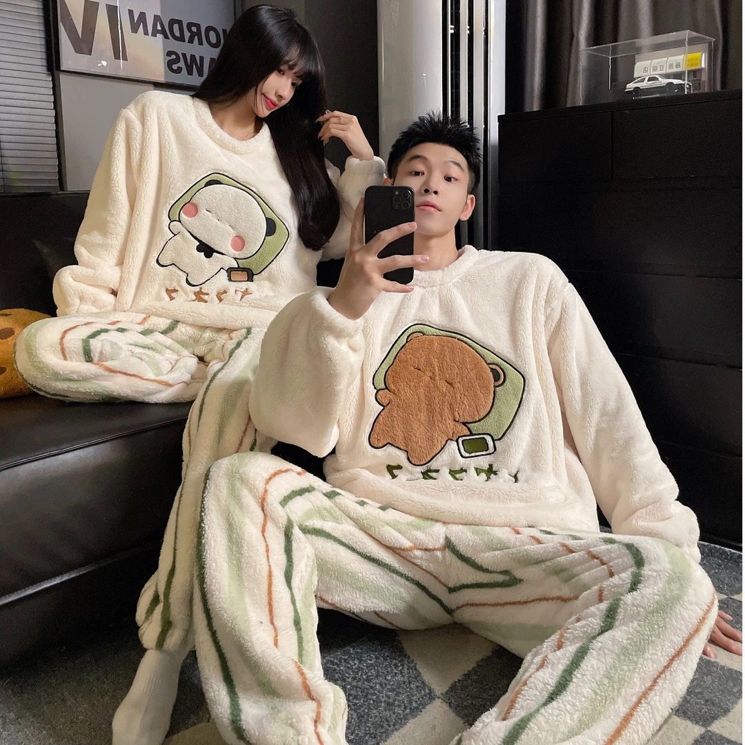 一二布布情侣睡衣女秋冬季珊瑚绒加绒厚男士青少年卡通保暖家居服