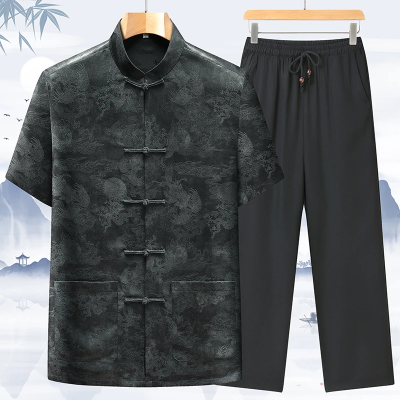 龙踏祥云高端香云纱国风唐装衬衫中老年重磅桑蚕丝龟纹短袖套装男