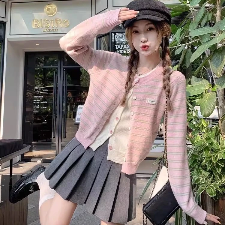 减龄韩系粉色条纹假两件针织开衫女秋冬季毛衣外套早秋穿搭上衣潮