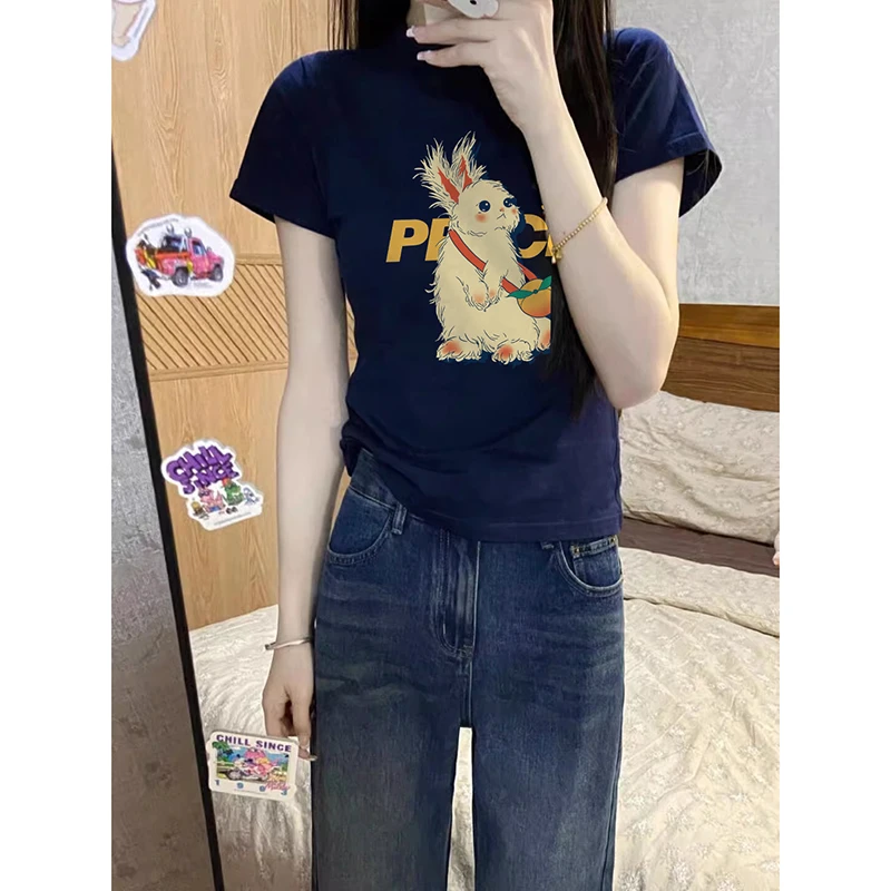 时髦穿搭印花短袖t恤女韩版修身弹力显瘦半袖美式辣妹正肩上衣ins