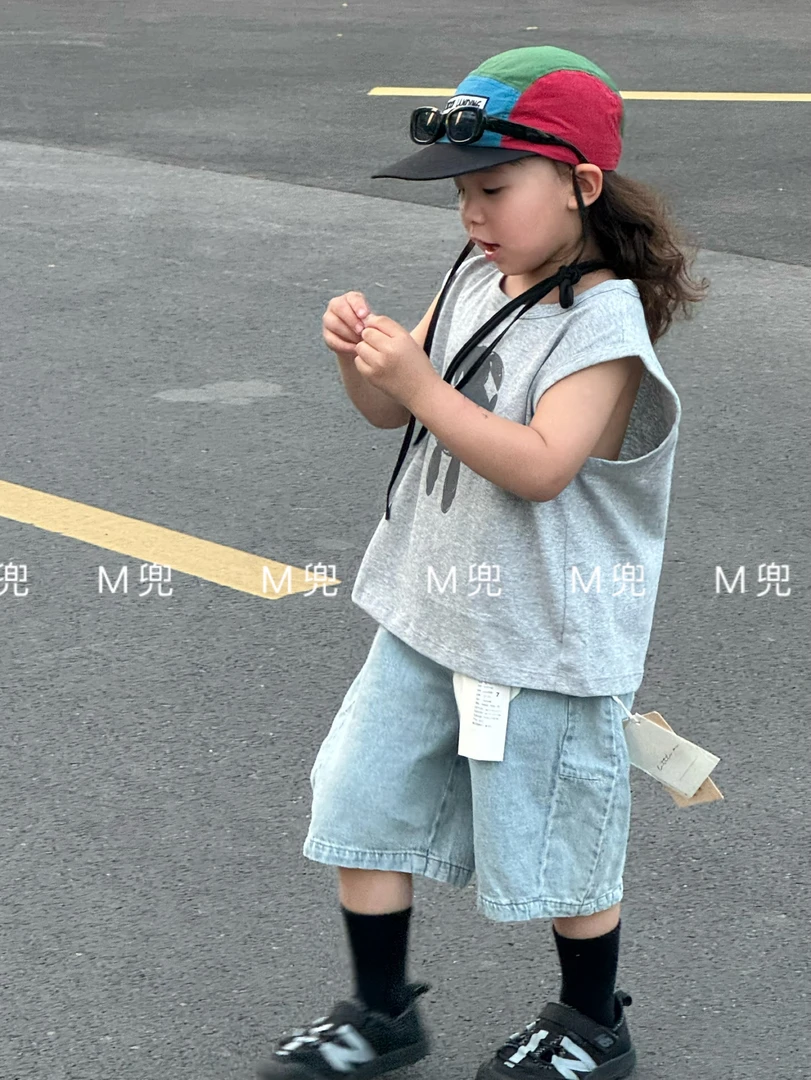 渔小米25年夏季新款牛仔中裤系列百搭设计男女同款儿童短裤