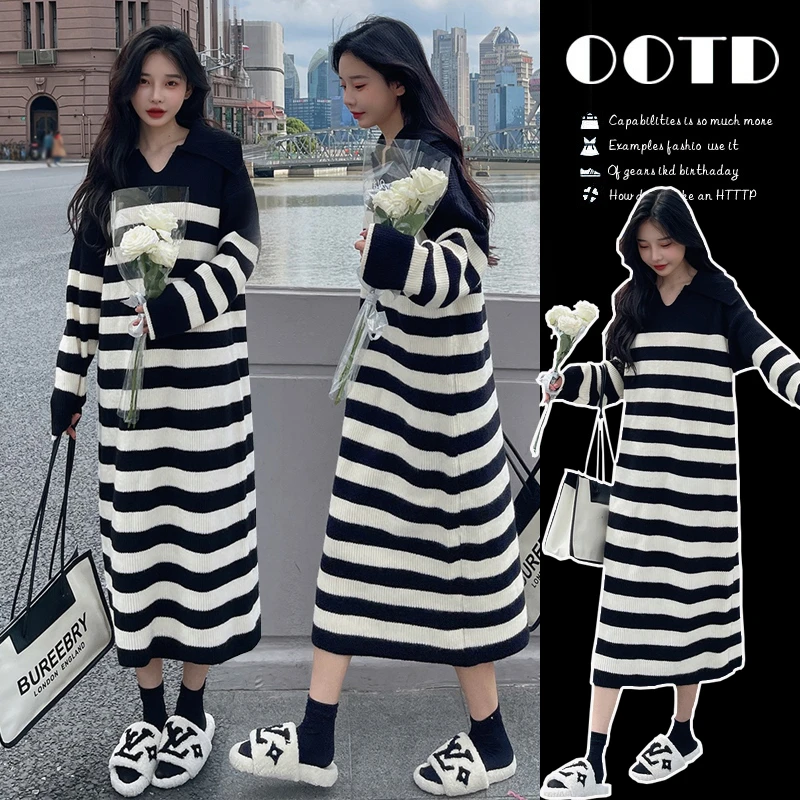 孕妇连衣裙秋装2025新款春秋时尚大码V领条纹套头针织裙长裙
