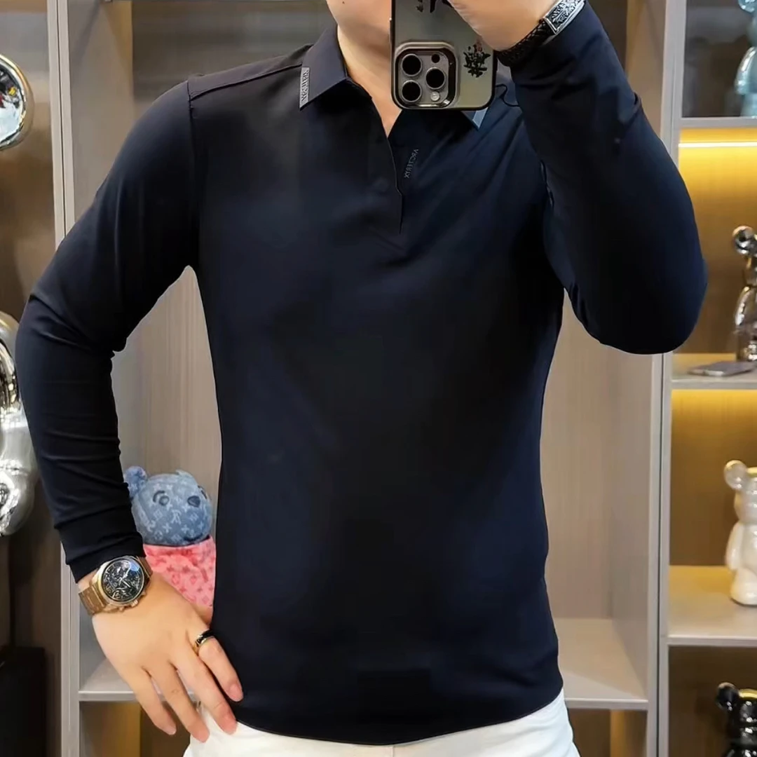 B128冬季纯色韩版男士长袖Polo衫潮流打底衫修身时尚百搭T恤