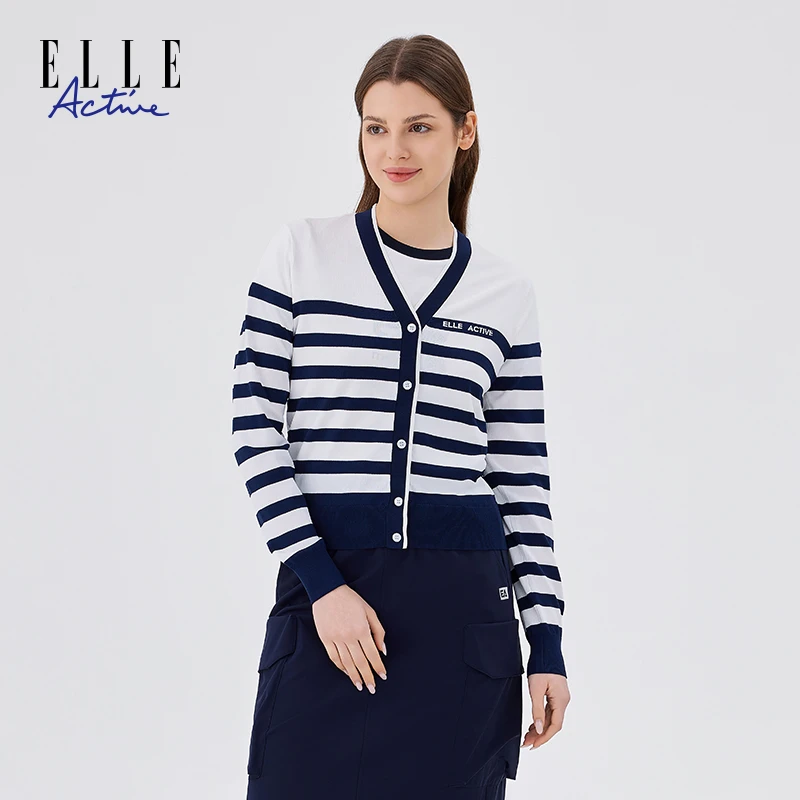 ELLE Active航海系新款经典条纹V领短款长袖针织衫撞色上衣女开衫