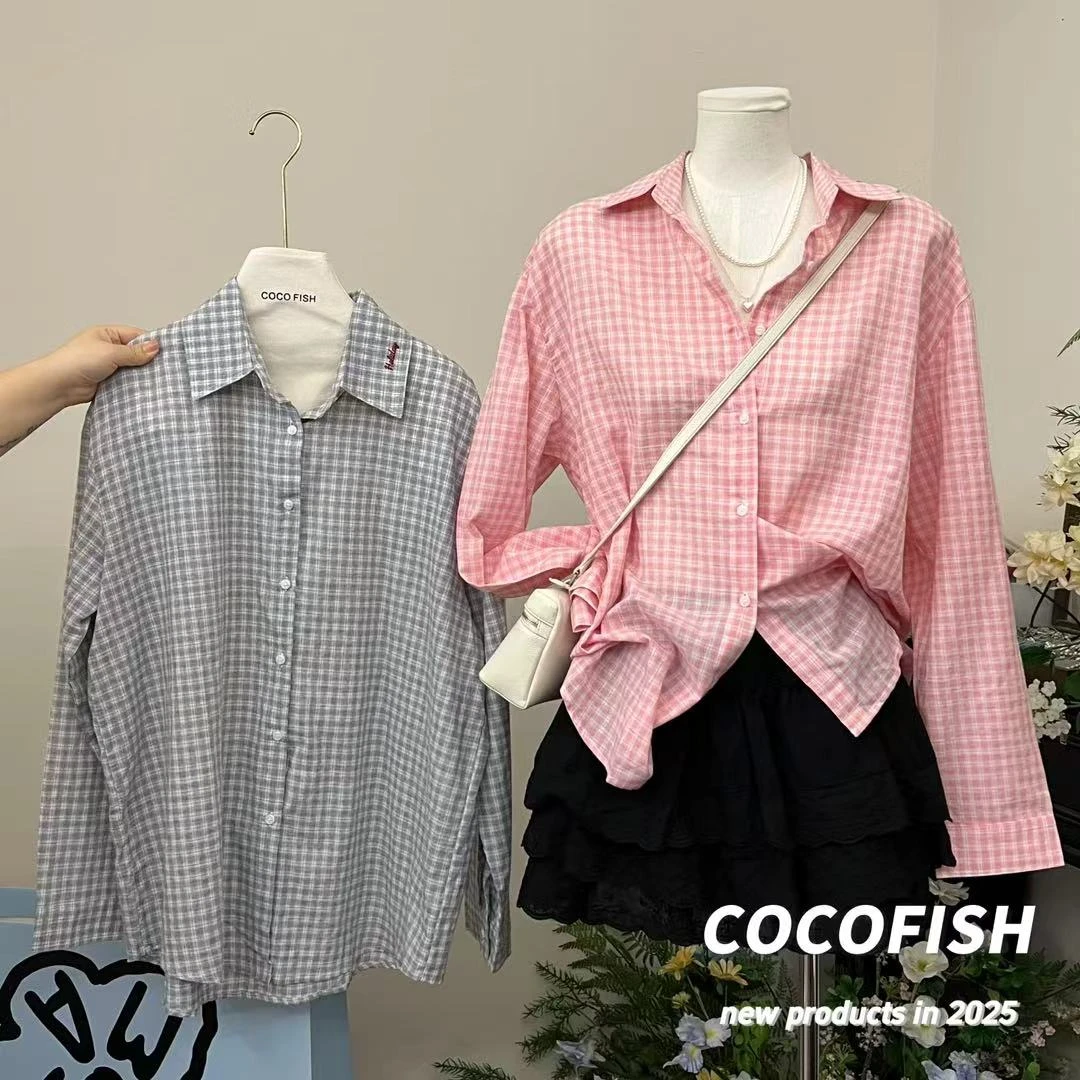 韩系宽松格子防晒休闲衬衫外套#9185