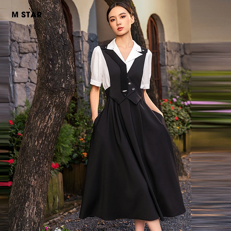 M-Star夏季新款黑色收腰A摆显瘦背带裙女装（不含衬衫）SFFQ122847