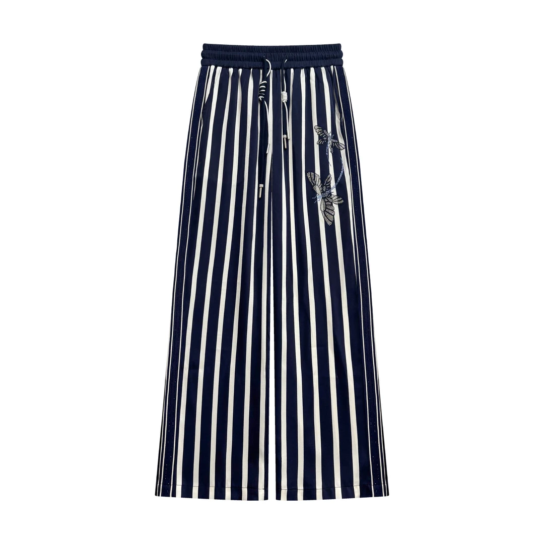 【星缘】夏季新纹时尚烫钻休闲气质百搭白蓝条纹裤子#6827