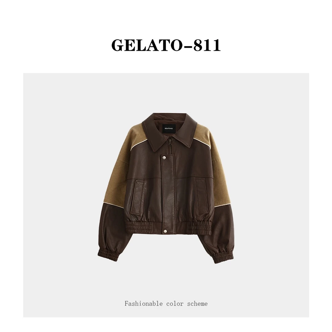 GELATO-811“冰美式 ”进口绵羊皮拼接秋季皮衣8166