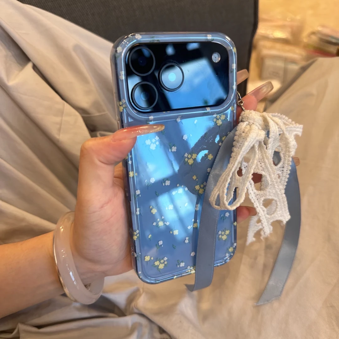 韩系ins蓝色小碎花iPhone17promax苹果1314链条小众1516保护壳17