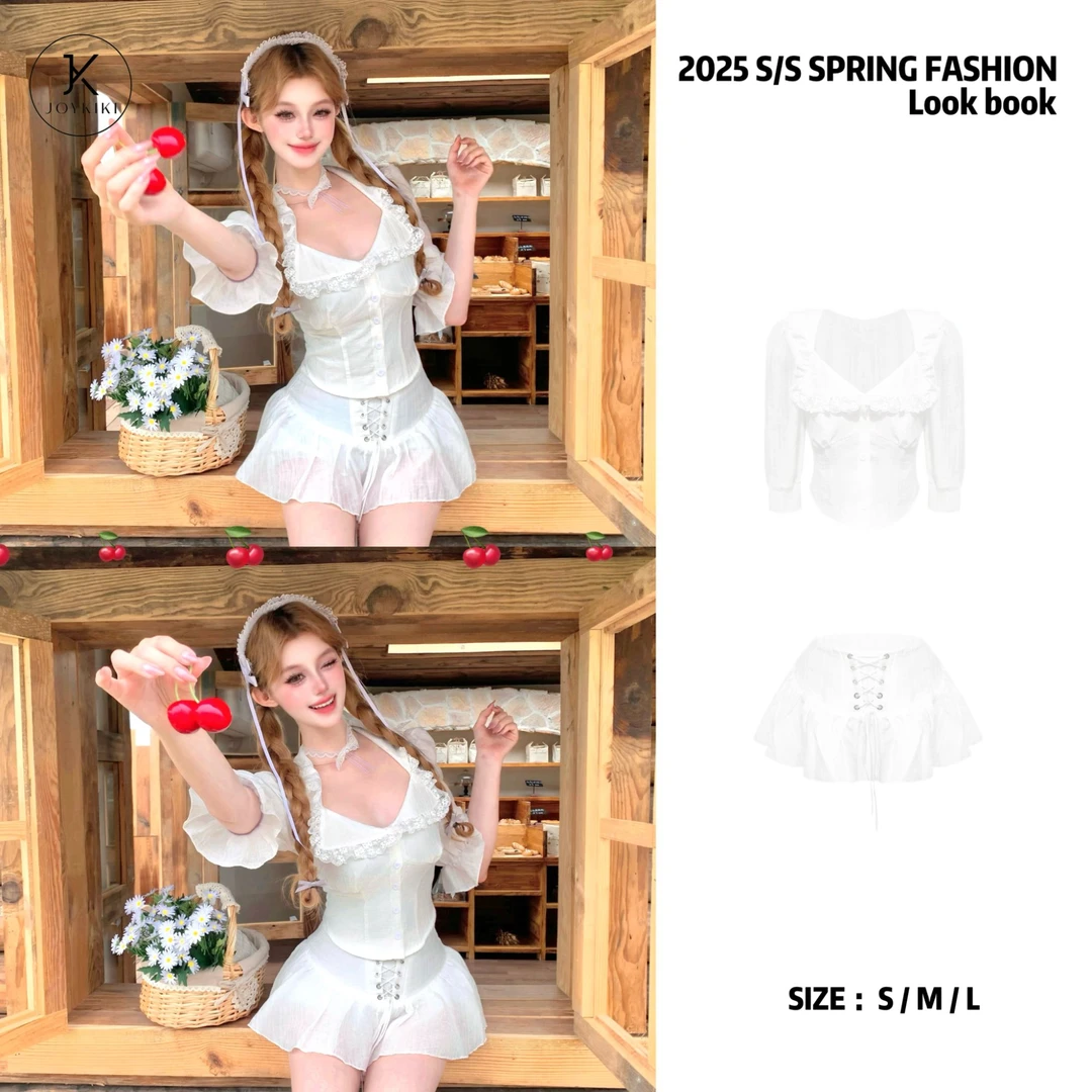 JOY KIKI鹅了么【风玲花季】夏季气质蕾丝花边小众别致套装J25B197