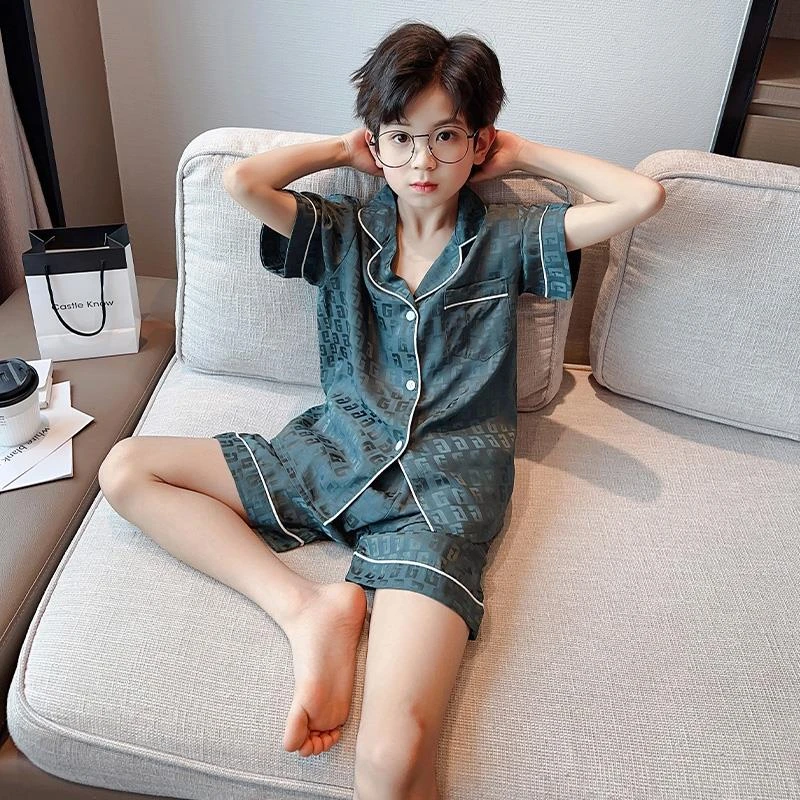 FAVMARTHA儿童睡衣男童夏装套装2025新款男孩短袖冰丝家居服中大